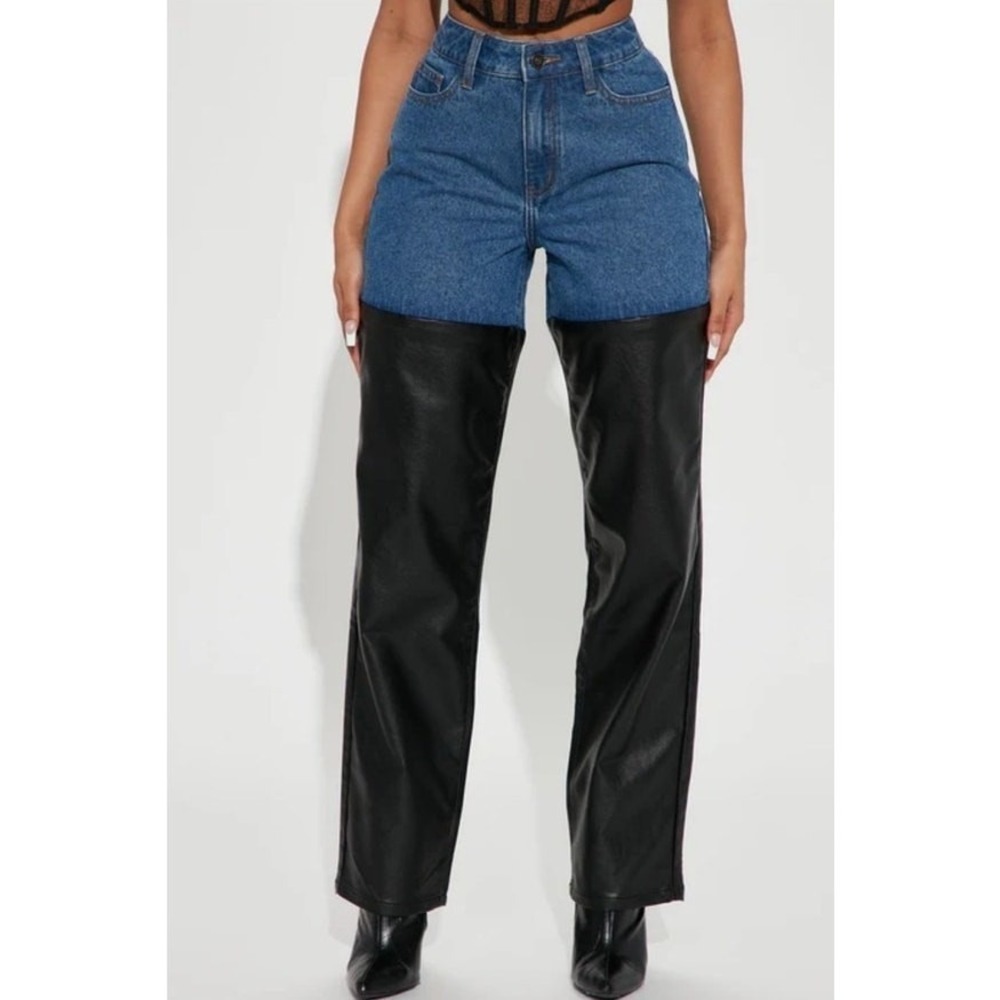 Fashion Nova Two Tone Jeans Women 1 Faux Leather Mixed Media Grunge Moto Biker